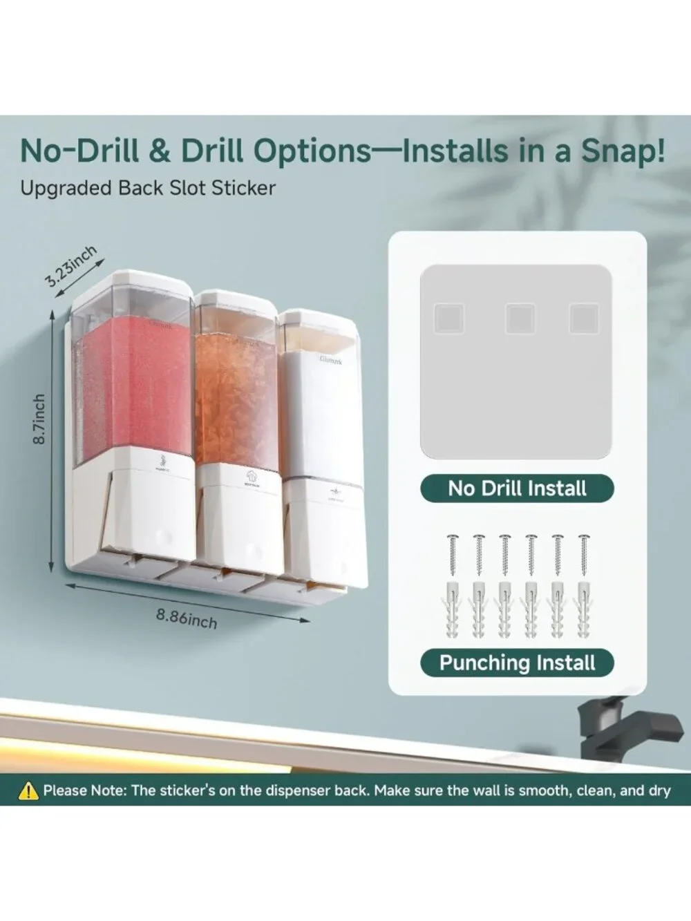 Wall-Mounted 3-Chamber Shampoo & Conditioner Dispenser - No Drill, Refillable